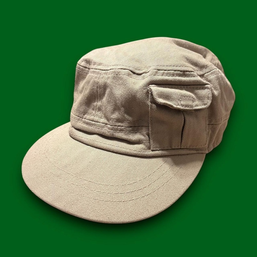 Y2K Tan Cadet Cap w/ Cargo Pocket Mcbling Cybergrunge Gorpcore